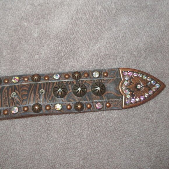 Rod's Arrow Beaded Hand Tooled Leather Belt Size M Rhinestones Studs Western - Picture 7 of 13